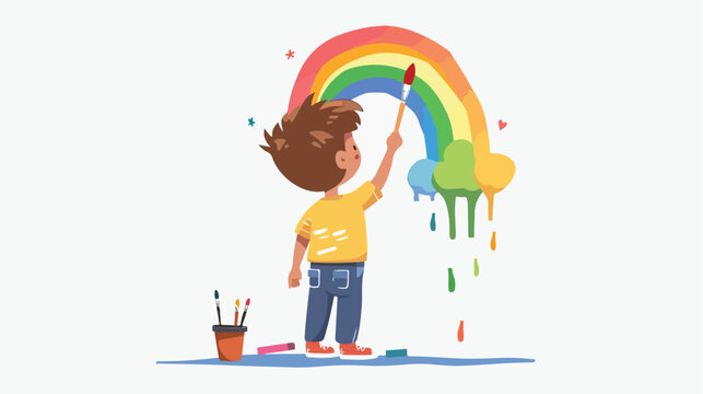 Cartoon Cute little boy painting and drawing rainbow o
