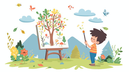 Cartoon Cute little boy painting tree clouds and mount
