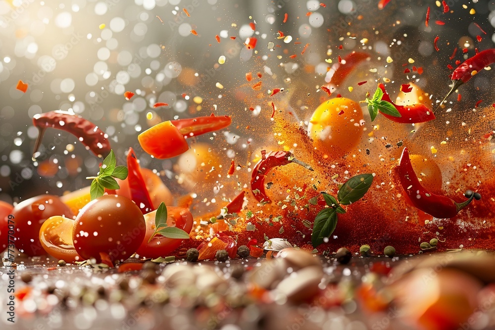Wall mural an array of flying ingredients and spices, creating a mouthwatering visual of a hot