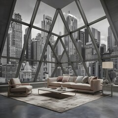 beautiful modern living room design by a architect in a apartment with view on the city 