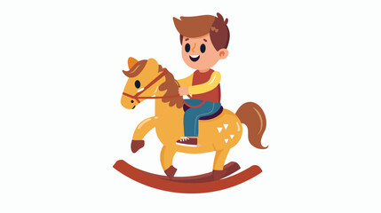 Cartoon Cute little boy riding rocking horse flat vect