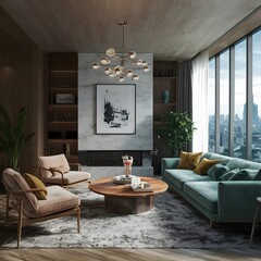 beautiful modern living room design by a architect in a apartment with view on the city 