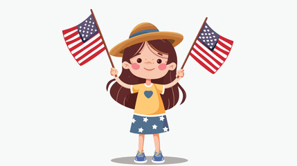 Cartoon Cute little girl holding an American flags flat