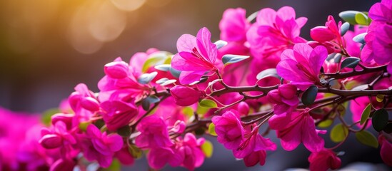 Vivid purple flowers are in full bloom on a slender branch, basking in the warm sunlight of a beautiful day