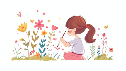 Cartoon Cute little girl painting and drawing flower o