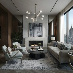 beautiful modern living room design by a architect in a apartment with view on the city 