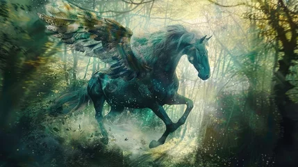 Tuinposter Enchanting Watercolor Horse in Mythical Woods Illustration with Wings © Khalif