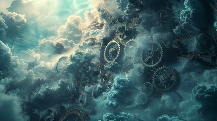 A system of gears and pulleys that control the movement of clouds in the sky - obrazy, fototapety, plakaty