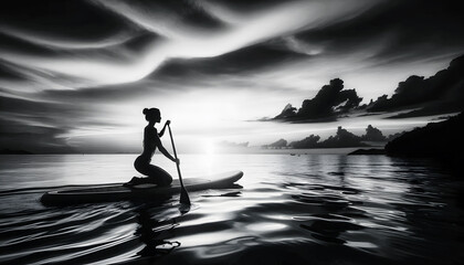Black and white silhouette of a woman on a stand-up paddle board at sunset, minimal summer joy concept illustration