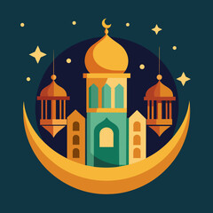 Fototapeta premium Ramadan Kareem card with mosque and moon. Vector illustration.