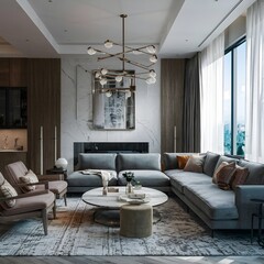 beautiful modern living room design by a architect in a apartment with view on the city 