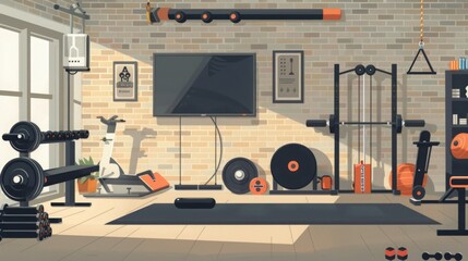 Modern Room With Television, Exercise Equipment, Brick Wall - obrazy, fototapety, plakaty