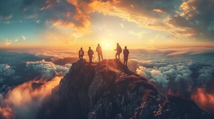 A group of people are standing on a mountain top. travel concept. - obrazy, fototapety, plakaty