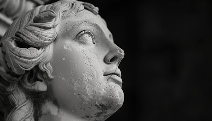 Detailed black and white photograph capturing the contemplative expression of a classical statue's face