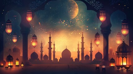 Ramadan kareem background with combination of lanterns, arabic calligraphy, and mosque.
 - obrazy, fototapety, plakaty