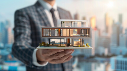 A businessman in a sharp suit, holding a sleek, modern miniature house model with clean lines and glass walls, representing success and architectural innovation, with a city skyline in the background.