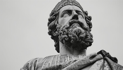 Low angle view of an ancient greek statue of a bearded male, in black and white, evoking historical wisdom