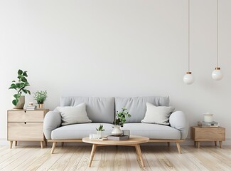 Scandinavian style living room interior with a gray sofa, wooden coffee table and cabinet against a light wall in the style of a stock photo contest winner
