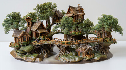 Fototapeta na wymiar A 3D printed model of an enchanted forest treehouse community, with bridges connecting the homes and detailed foliage
