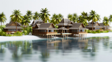Fototapeta premium A 3D printed model of a tropical resort with bungalows over the water and palm trees, set against a white background to evoke a paradise getaway.