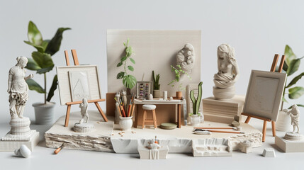 A 3D printed model of a tiny artist's studio, surrounded by miniature sculptures and canvases, set on a solid white background to spotlight creativity and inspiration in compact living.