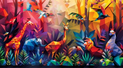 Colorful low poly background showcases geometric creatures in lively habitat