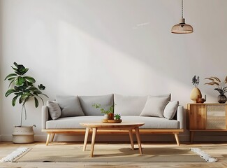 Scandinavian style living room interior with a gray sofa, wooden coffee table and cabinet against a light wall in the style of a stock photo contest winner