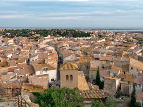 Panoramic view of Gruissan, France on a partially cloudy afternoon