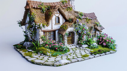 A 3D printed model of a quaint cottage with a thatched roof, flowering vines, and a stone pathway, showcased on a solid white background to capture its storybook charm.