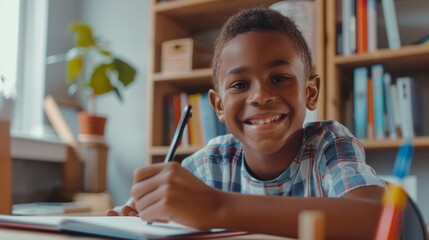 Smiling african american child school boy doing homework while sitting at desk at home