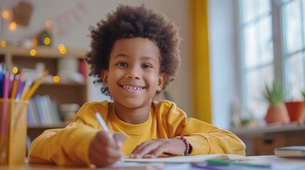 Portrait of happy afro american child school kid doing homework at home