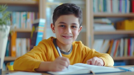 Smiling arab school boy doing homework while sitting at desk at home