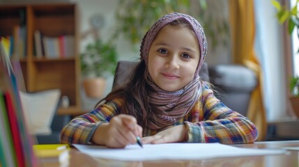 Happy arab school girl doing homework while sitting at desk at home and looking at camera