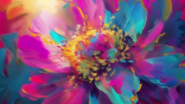 Floral fireworks exploding with hues of fuchsia turquoise and sunny yellow.