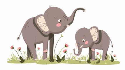 Cartoon Mother and baby elephant in the grass flat vec