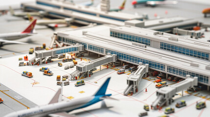 A 3D printed model of a bustling airport terminal, with miniature airplanes and baggage carts, presented on a white background to explore the dynamics of modern air travel.