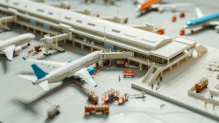 A 3D printed model of a bustling airport terminal, with miniature airplanes and baggage carts, presented on a white background to explore the dynamics of modern air travel.
