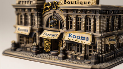 A 3D printed miniature of a boutique hotel, featuring "Boutique Rooms for Rent" banners, showcased on a white background.