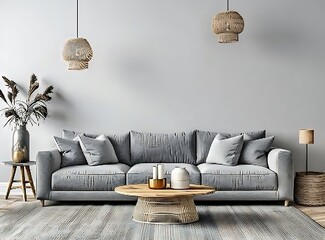 Scandinavian style living room interior with a gray sofa, wooden coffee table and modern lamps on the wall mockup stock photo contest winner, highest quality