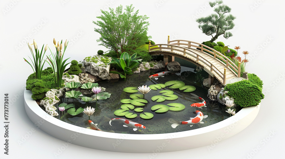 Wall mural A 3D miniature of a serene koi pond with detailed fish, water lilies, and a small footbridge, set against a white background to evoke tranquility and harmony.