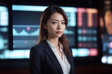 Beautiful business woman presenting data statistics on tranparent big screen background. Professional presenter female.