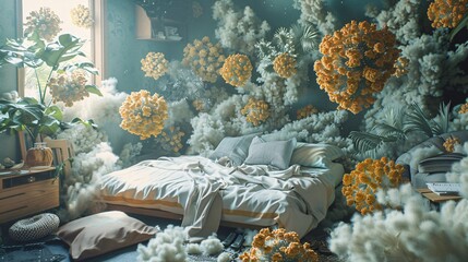 Botanical Bedroom Overrun by Pollen-Like Virus Particles
