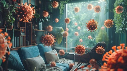 Living Room with Plant Decor and Virus Particle Concept - obrazy, fototapety, plakaty