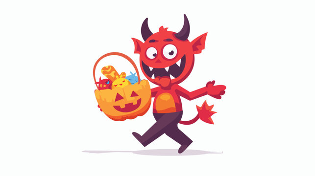 Cartoon red devil carrying candy in a pumpkin basket flat