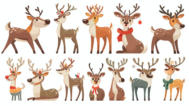 Cartoon reindeer Christmas collection set flat vector