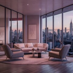 beautiful modern living room design by a architect in a apartment with view on the city 