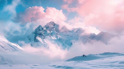 Fantastic landscape of white and pink mountains, white and pink clouds and blue sky. The concept for the development of tourism, mountaineering, skiing, rock climbing, excursions in the mountains.