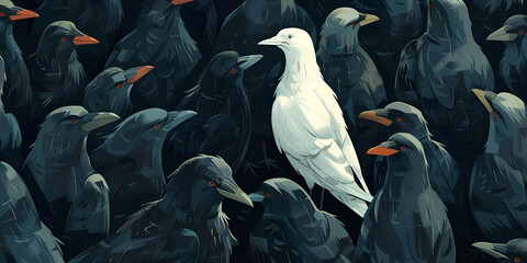 Standing out from the crowd , white bird standing between man gray birds. generative ai - obrazy, fototapety, plakaty