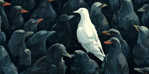Foto op Canvas Standing out from the crowd , white bird standing between man gray birds. generative ai © Malaika