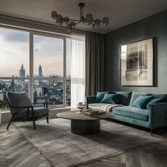 beautiful modern living room design by a architect in a apartment with view on the city 